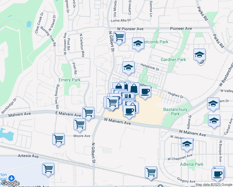 map of restaurants, bars, coffee shops, grocery stores, and more near 1001 Starbuck Street in Fullerton