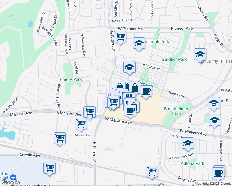 map of restaurants, bars, coffee shops, grocery stores, and more near 920 Whitewater Drive in Fullerton