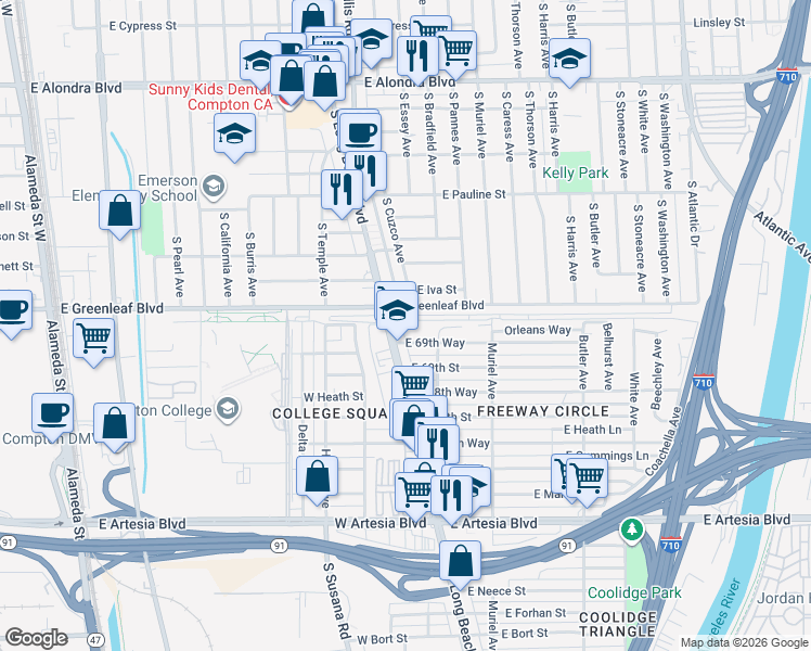 map of restaurants, bars, coffee shops, grocery stores, and more near 6968 Long Beach Boulevard in Long Beach