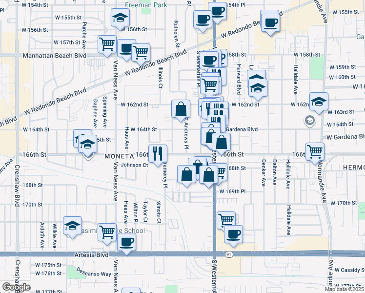 map of restaurants, bars, coffee shops, grocery stores, and more near 16514 Gramercy Place in Gardena