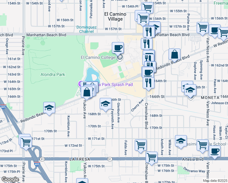 map of restaurants, bars, coffee shops, grocery stores, and more near 16501 Falda Avenue in Torrance