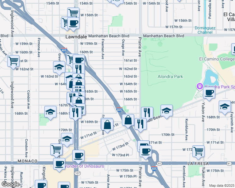 map of restaurants, bars, coffee shops, grocery stores, and more near 4123 166th Street in Lawndale