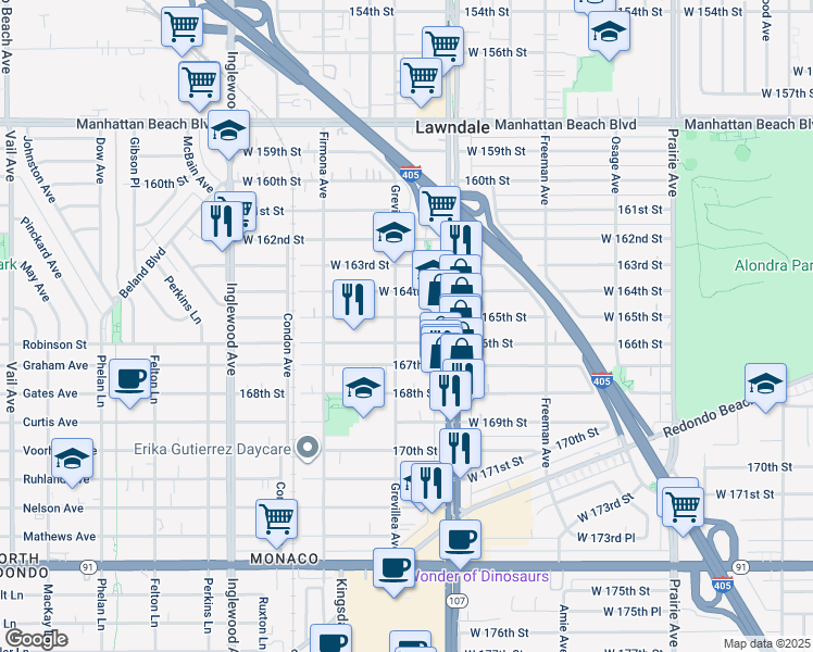 map of restaurants, bars, coffee shops, grocery stores, and more near 4447 166th Street in Lawndale