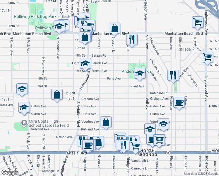 map of restaurants, bars, coffee shops, grocery stores, and more near in Redondo Beach