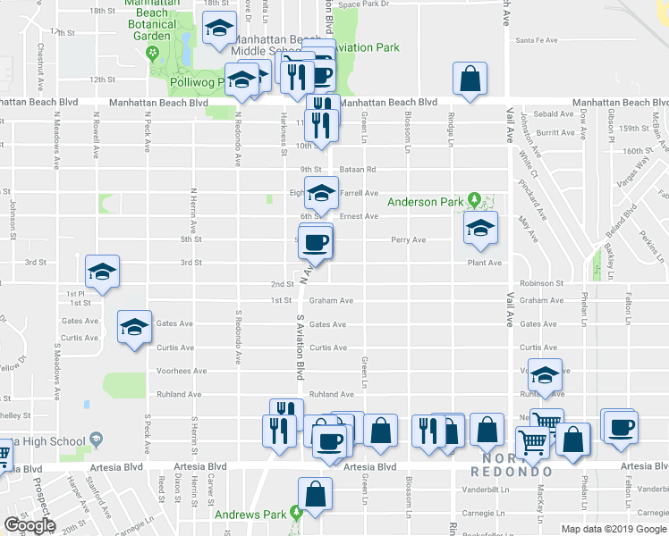 map of restaurants, bars, coffee shops, grocery stores, and more near 1902 Plant Avenue in Redondo Beach