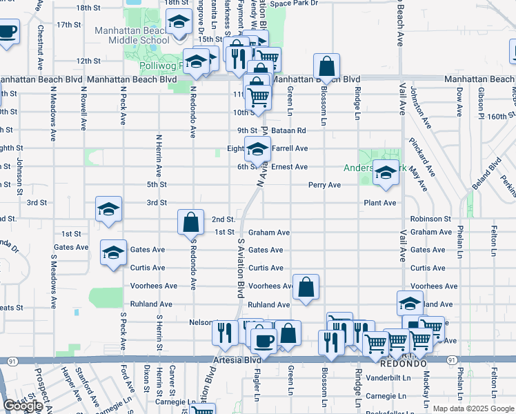 map of restaurants, bars, coffee shops, grocery stores, and more near 1902 Plant Avenue in Redondo Beach
