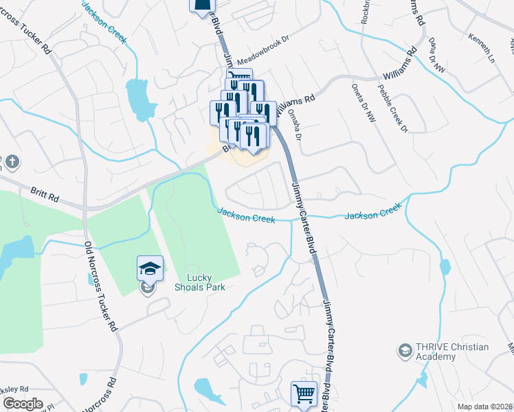 map of restaurants, bars, coffee shops, grocery stores, and more near 6353 Wandering Way Northwest in Norcross