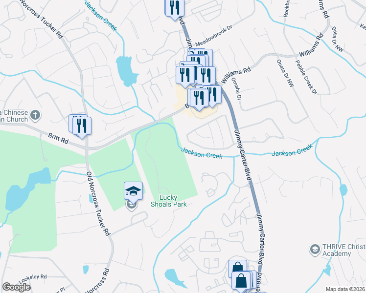 map of restaurants, bars, coffee shops, grocery stores, and more near 6474 Wandering Way Northwest in Norcross