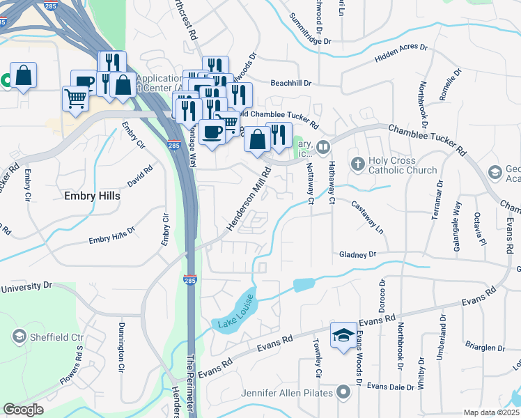 map of restaurants, bars, coffee shops, grocery stores, and more near 3499 Henderson Reserve in Atlanta