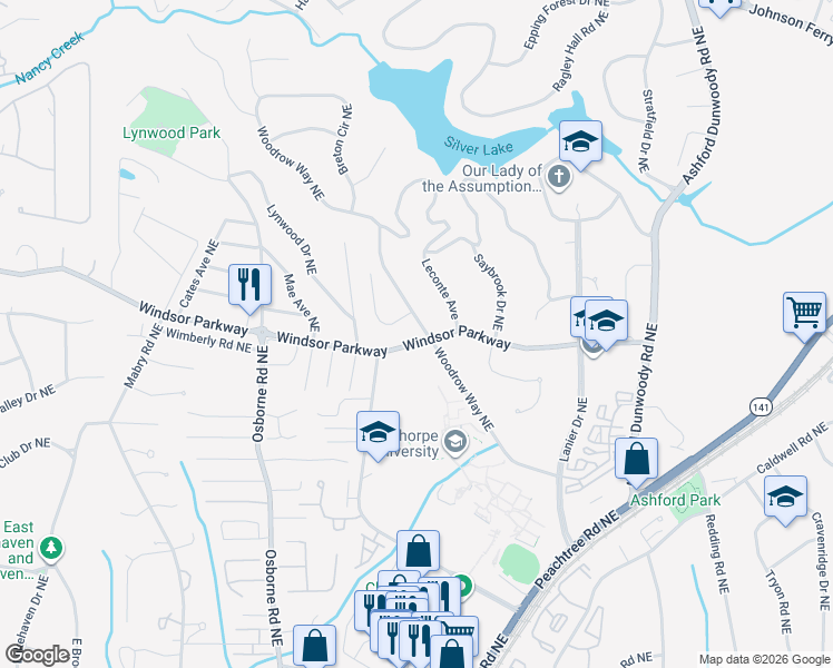 map of restaurants, bars, coffee shops, grocery stores, and more near 3122 Woodrow Way Northeast in Atlanta