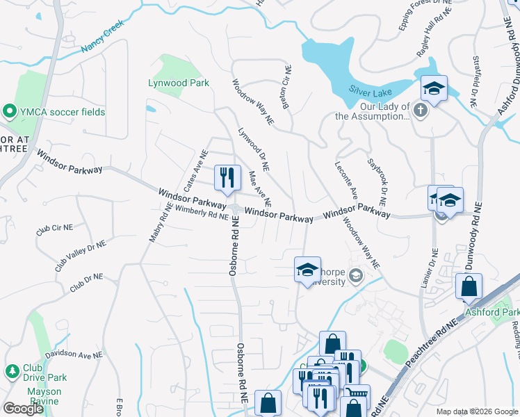 map of restaurants, bars, coffee shops, grocery stores, and more near 1380 Windsor Parkway in Atlanta