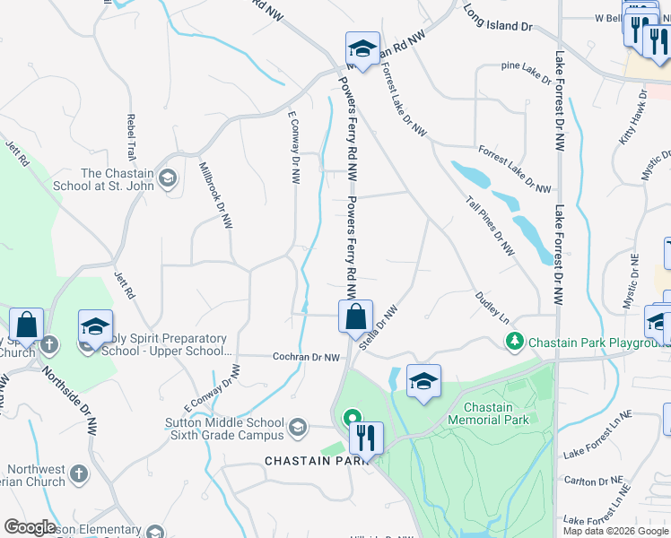 map of restaurants, bars, coffee shops, grocery stores, and more near 4570 Powers Ferry Road Northwest in Atlanta
