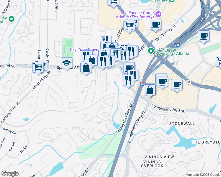 map of restaurants, bars, coffee shops, grocery stores, and more near 429 Stagecoach Bend Southeast in Smyrna