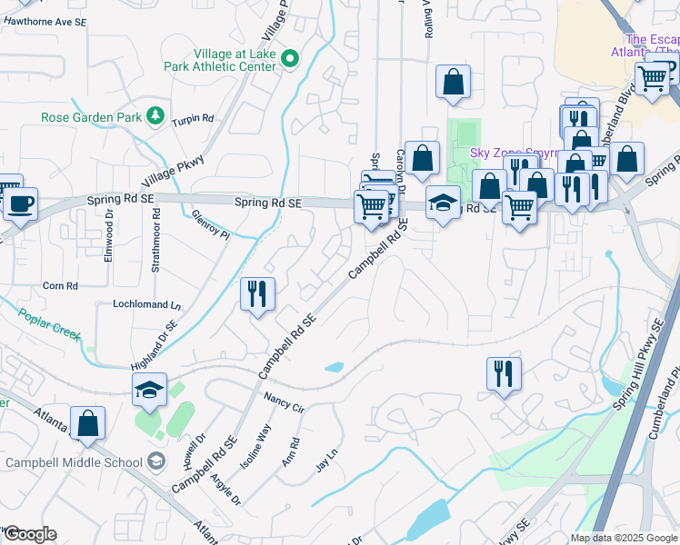 map of restaurants, bars, coffee shops, grocery stores, and more near 2105 Country Park Drive in Smyrna