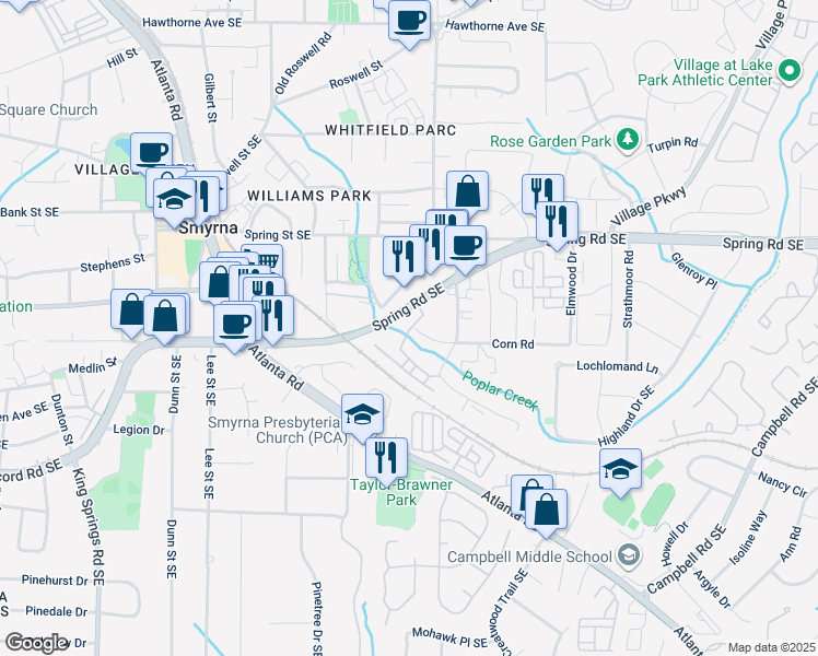 map of restaurants, bars, coffee shops, grocery stores, and more near in Smyrna