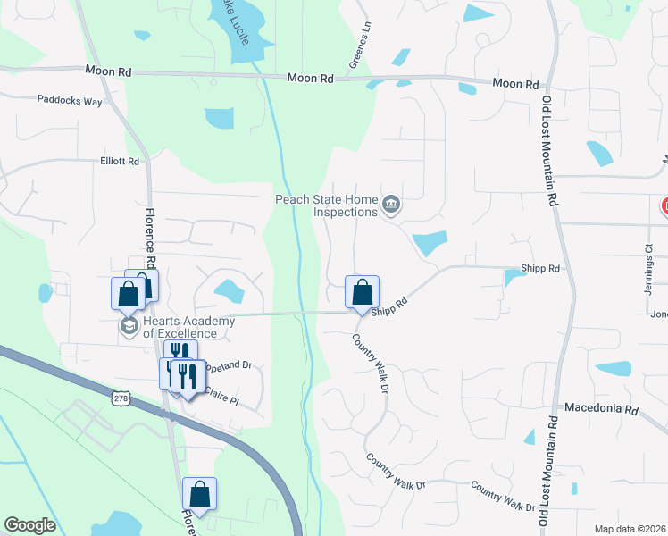 map of restaurants, bars, coffee shops, grocery stores, and more near 3075 Nectar Drive in Powder Springs