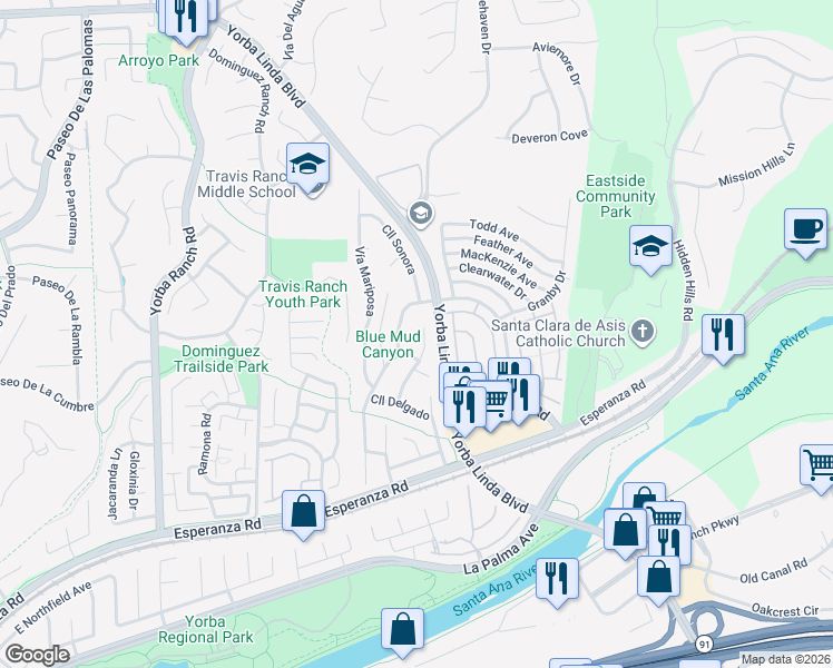 map of restaurants, bars, coffee shops, grocery stores, and more near 5571 Avenue Florencia in Yorba Linda