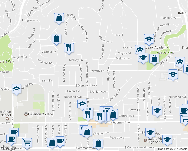 map of restaurants, bars, coffee shops, grocery stores, and more near 1219 East Fern Drive in Fullerton