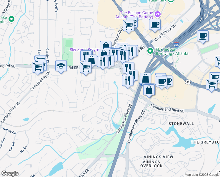 map of restaurants, bars, coffee shops, grocery stores, and more near 429 Stagecoach Bend Southeast in Smyrna