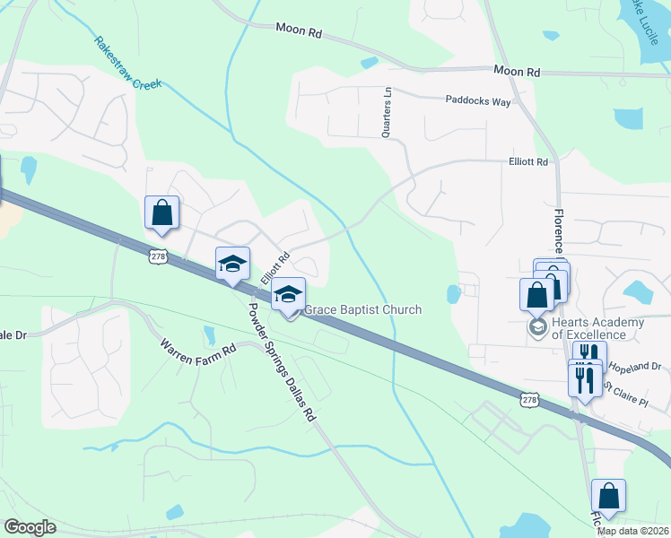 map of restaurants, bars, coffee shops, grocery stores, and more near 5555 Elliott Road in Powder Springs