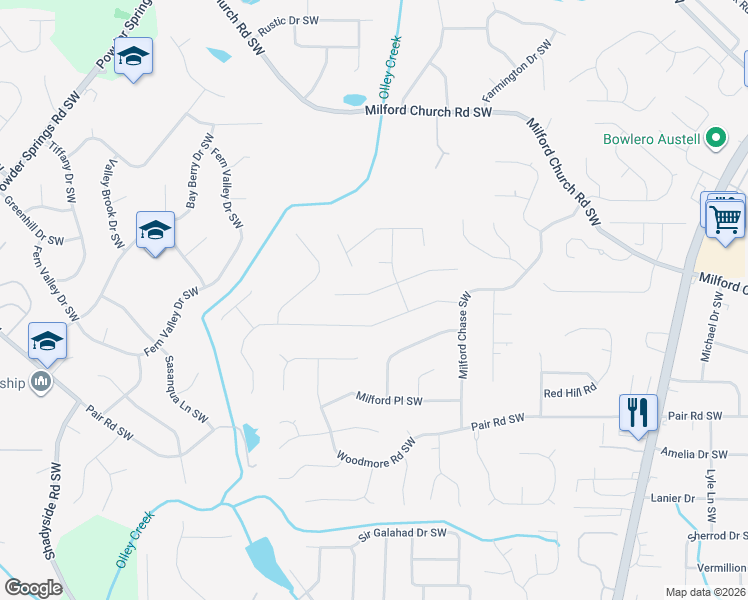 map of restaurants, bars, coffee shops, grocery stores, and more near 1740 Milford Creek Overlook Southwest in Marietta