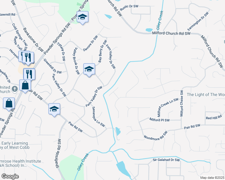 map of restaurants, bars, coffee shops, grocery stores, and more near 2980 Milford Trail Southwest in Marietta