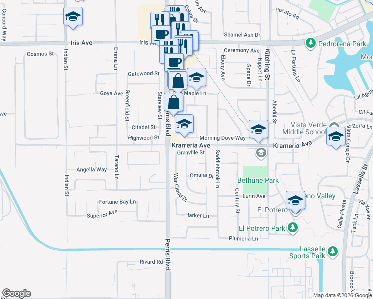 map of restaurants, bars, coffee shops, grocery stores, and more near 25076 Granville Street in Moreno Valley