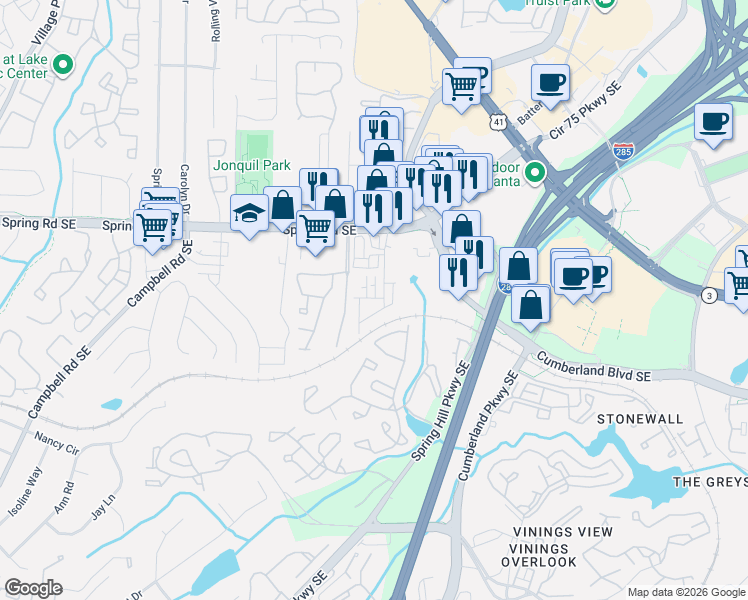 map of restaurants, bars, coffee shops, grocery stores, and more near 2625 Blackburn Court Southeast in Smyrna