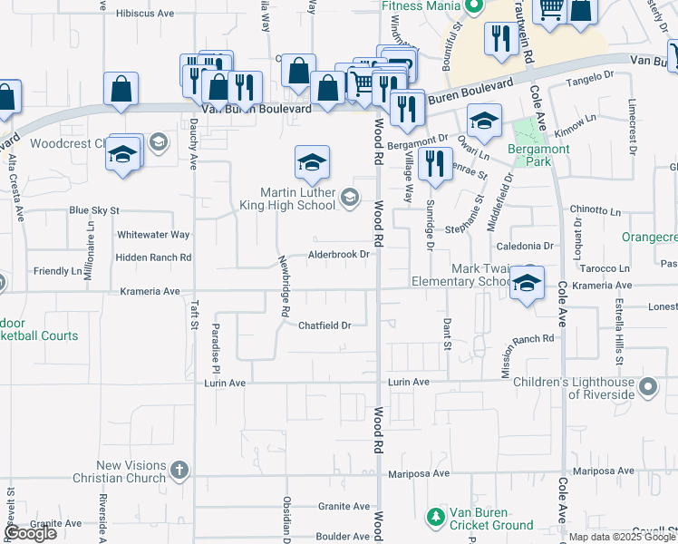 map of restaurants, bars, coffee shops, grocery stores, and more near 9351 Hearthstone Court in Riverside