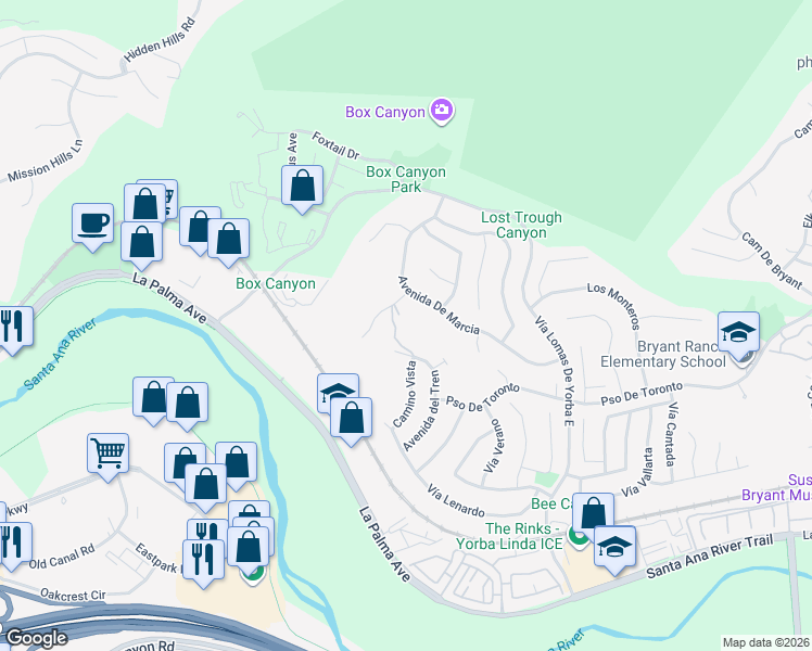 map of restaurants, bars, coffee shops, grocery stores, and more near 5350 Avenue De Michelle in Yorba Linda