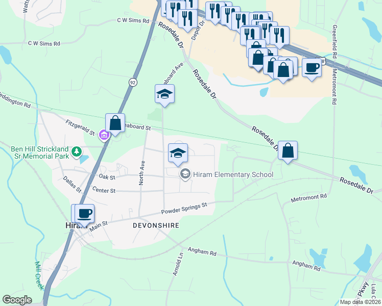 map of restaurants, bars, coffee shops, grocery stores, and more near 86 Trailside Way in Hiram