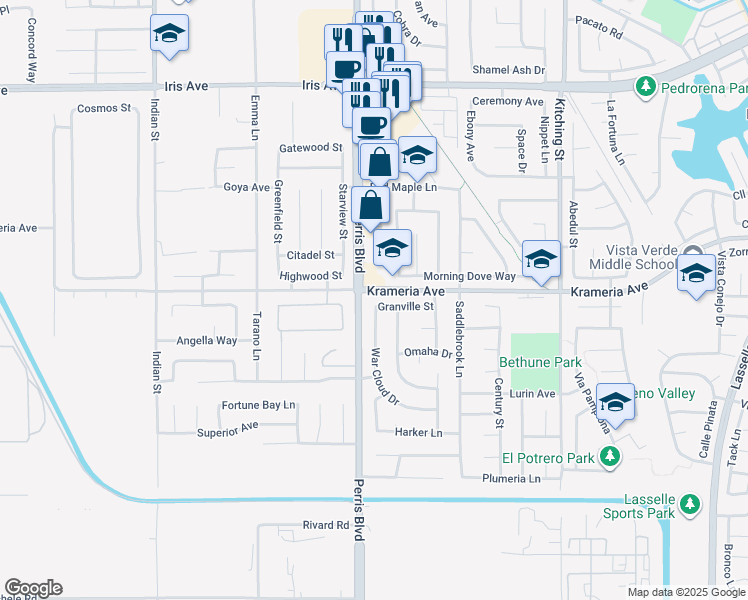 map of restaurants, bars, coffee shops, grocery stores, and more near 25055 Granville Street in Moreno Valley