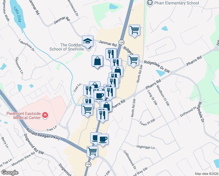 map of restaurants, bars, coffee shops, grocery stores, and more near 1630 Scenic Highway South in Snellville