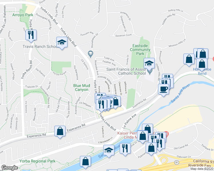 map of restaurants, bars, coffee shops, grocery stores, and more near 5635 Westfield Street in Yorba Linda