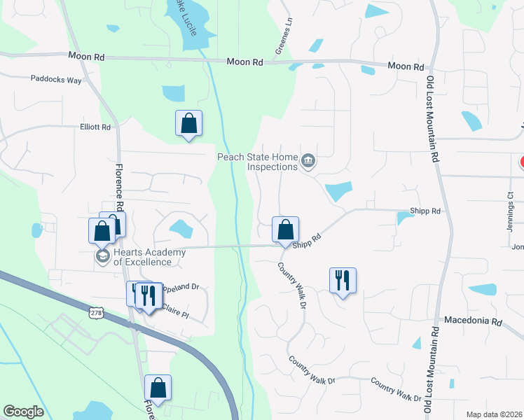 map of restaurants, bars, coffee shops, grocery stores, and more near 3075 Nectar Drive in Powder Springs