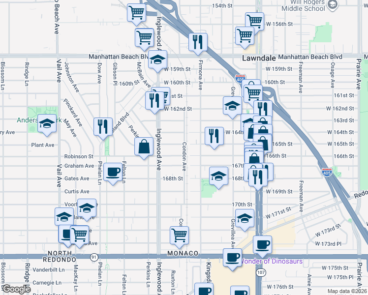 map of restaurants, bars, coffee shops, grocery stores, and more near 4700 West 165th Street in Lawndale