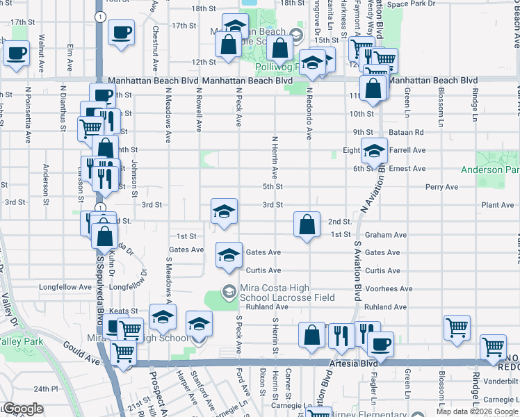 map of restaurants, bars, coffee shops, grocery stores, and more near 1534 3rd Street in Manhattan Beach