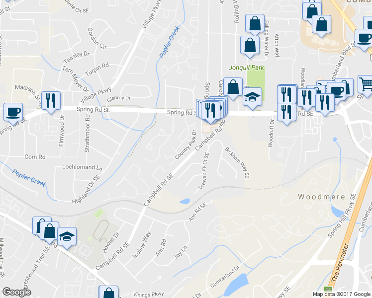 map of restaurants, bars, coffee shops, grocery stores, and more near 2105 Country Park Drive in Smyrna