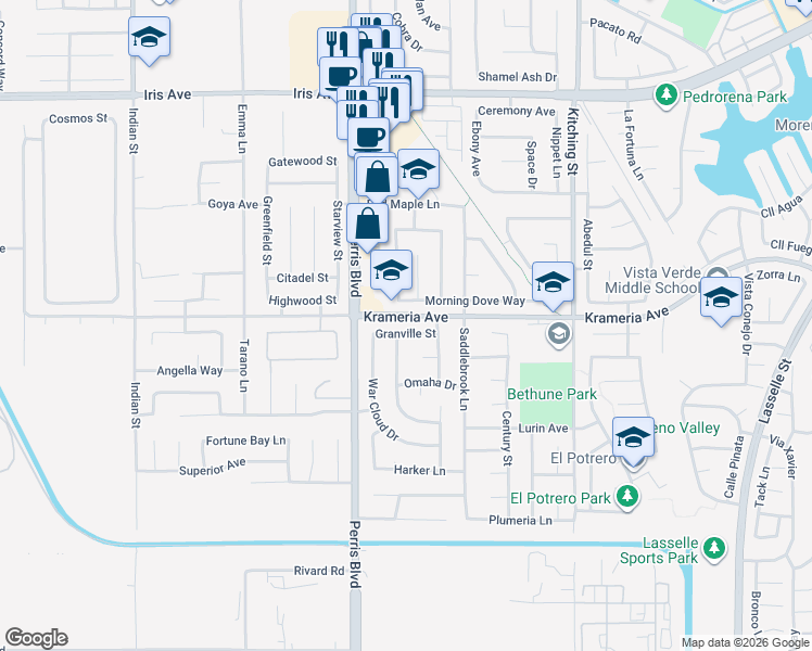 map of restaurants, bars, coffee shops, grocery stores, and more near 25106 Granville Street in Moreno Valley