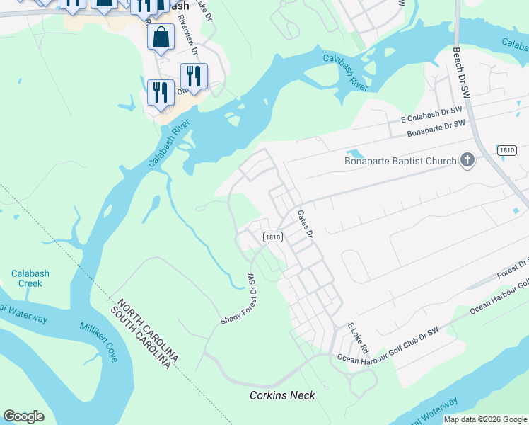 map of restaurants, bars, coffee shops, grocery stores, and more near 9220 Rivendell Place in Calabash