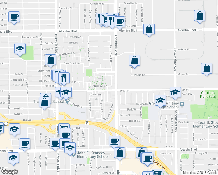 map of restaurants, bars, coffee shops, grocery stores, and more near 12530 Pinegrove Lane in Cerritos