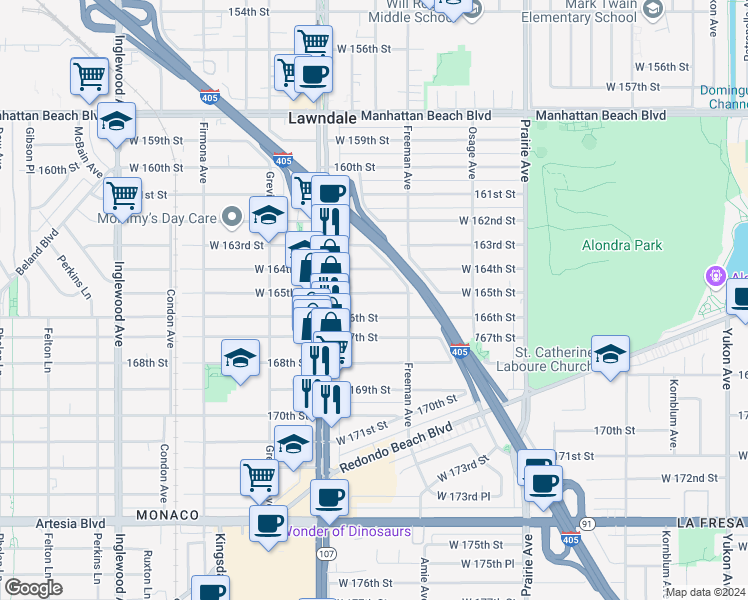 map of restaurants, bars, coffee shops, grocery stores, and more near 4300 West 165th Street in Lawndale