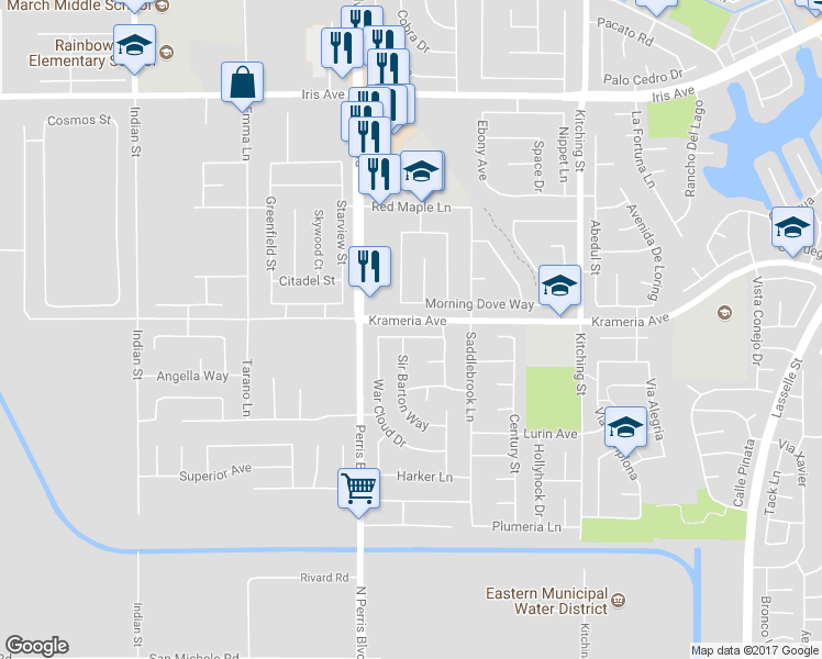 map of restaurants, bars, coffee shops, grocery stores, and more near 25106 Granville Street in Moreno Valley