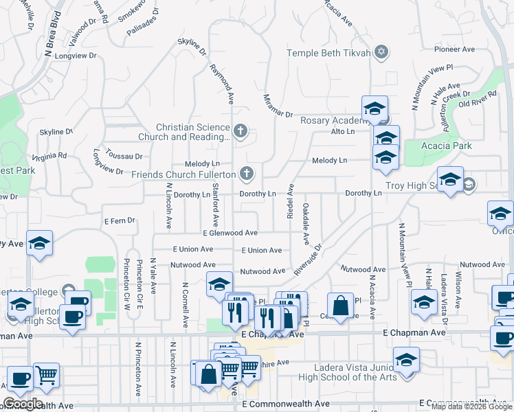 map of restaurants, bars, coffee shops, grocery stores, and more near 1225 East Fern Drive in Fullerton