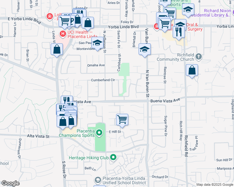 map of restaurants, bars, coffee shops, grocery stores, and more near 5441 Saratoga Street in Yorba Linda