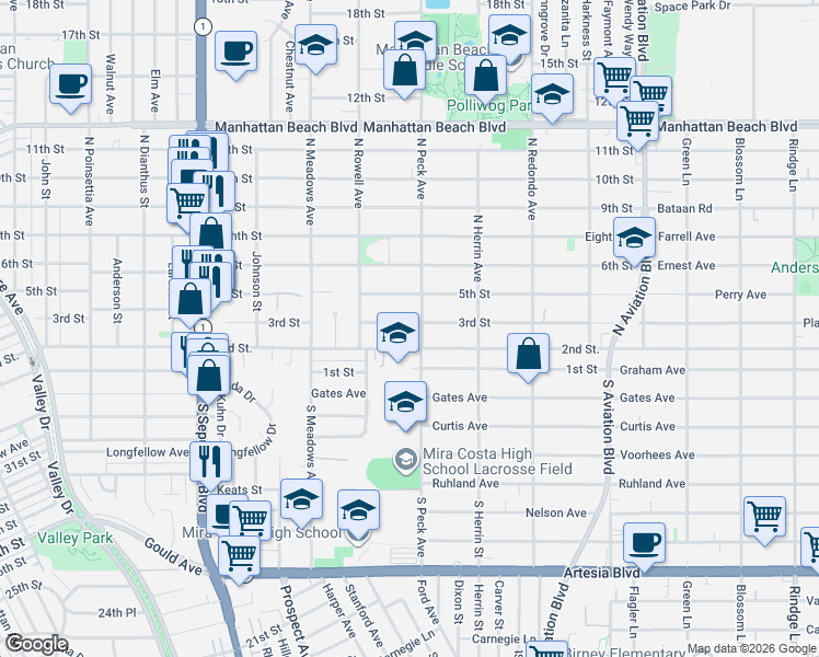 map of restaurants, bars, coffee shops, grocery stores, and more near 215 North Peck Avenue in Manhattan Beach