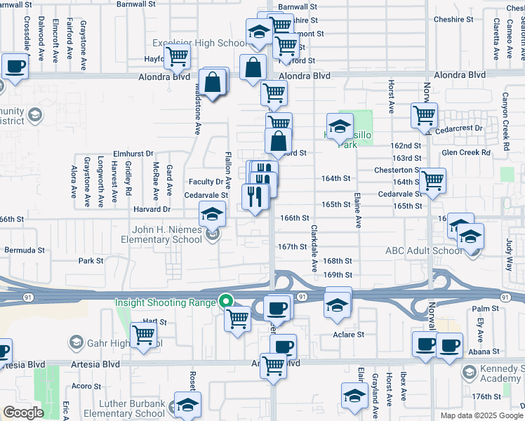 map of restaurants, bars, coffee shops, grocery stores, and more near 16511 Pioneer Boulevard in Norwalk