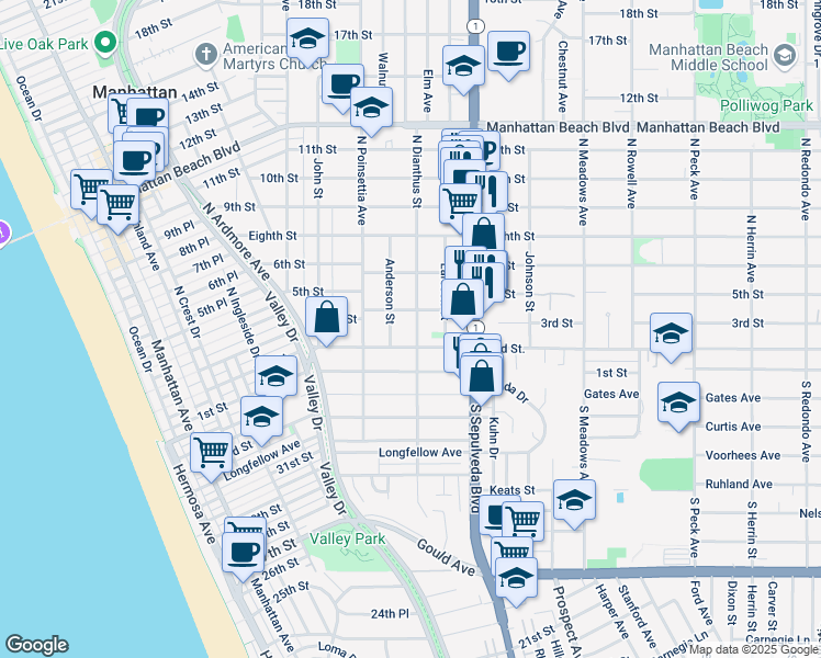 map of restaurants, bars, coffee shops, grocery stores, and more near 210 North Dianthus Street in Manhattan Beach