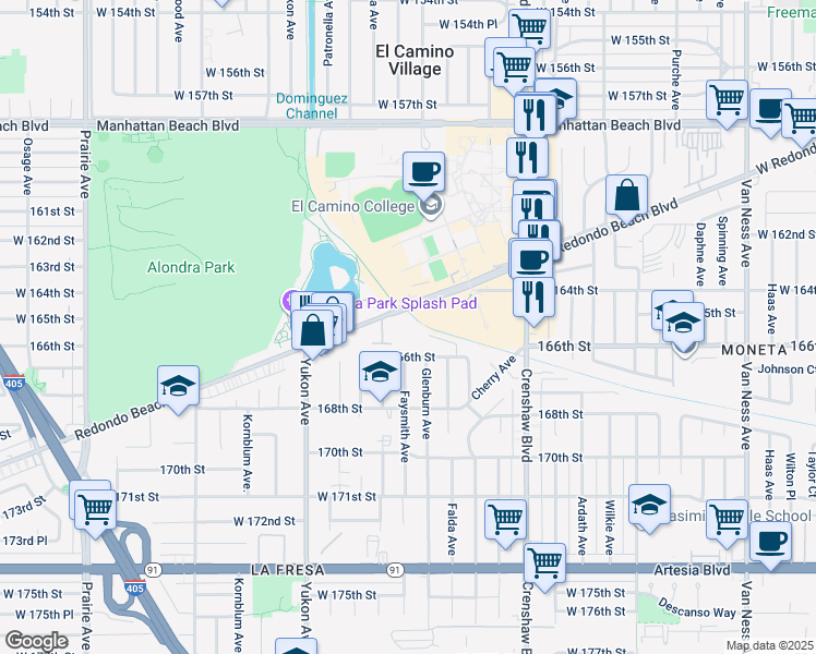 map of restaurants, bars, coffee shops, grocery stores, and more near 3320 Redondo Beach Boulevard in Torrance