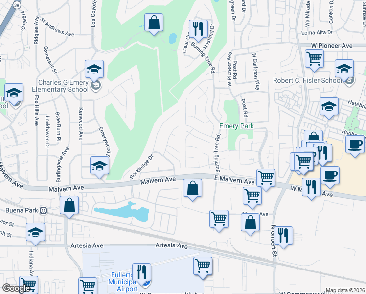 map of restaurants, bars, coffee shops, grocery stores, and more near 965 Northampton Way in Fullerton